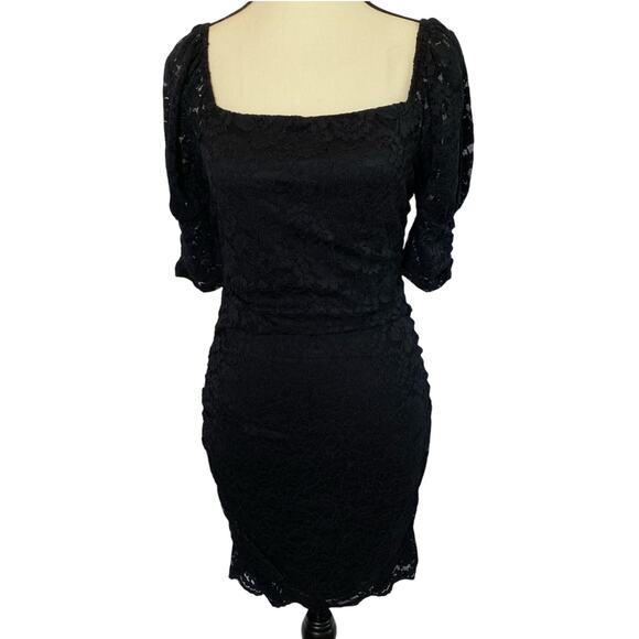Express Women's Sheath Mini Dress Medium Square Neck Cinched Lace Puff Sleeve - Picture 1 of 12